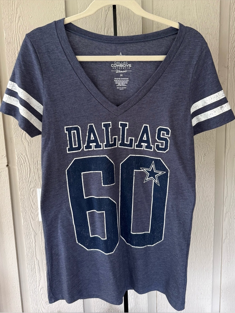 NFL Dallas Cowboys Women’s Navy V-Neck Jersey Tee with White Sleeve Stripes